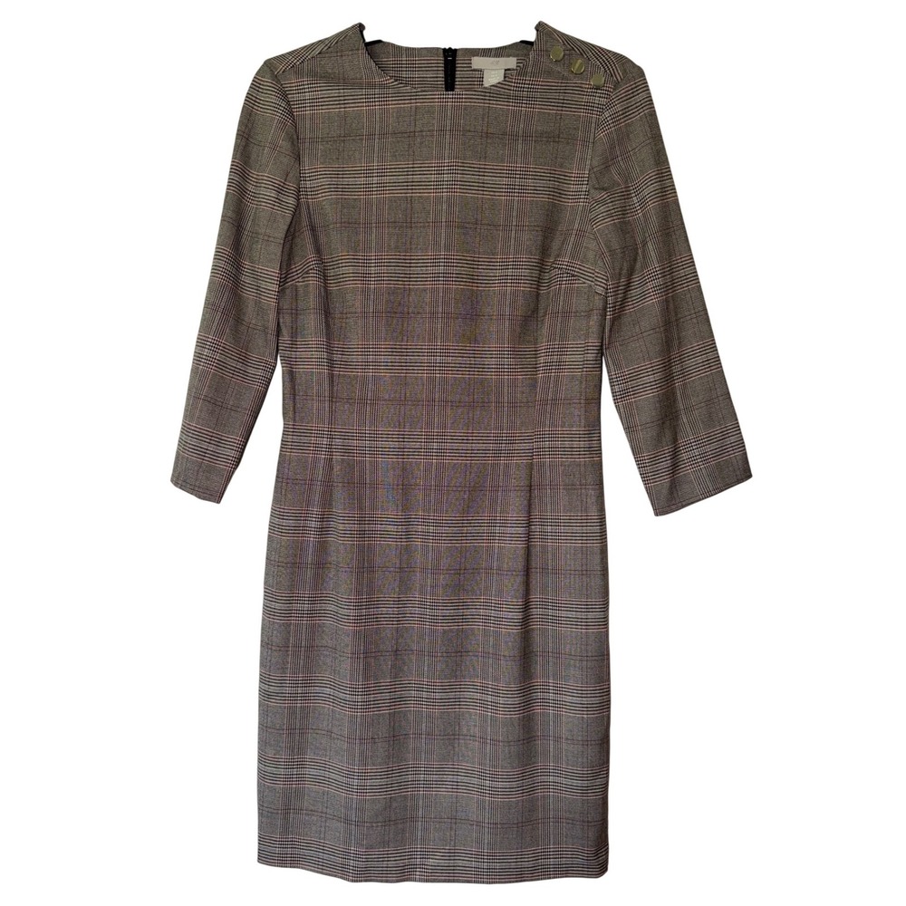 HM Womens Grey Glen Plaid 3/4 Sleeve Sheath Dress Gold Button Accents Size 6
